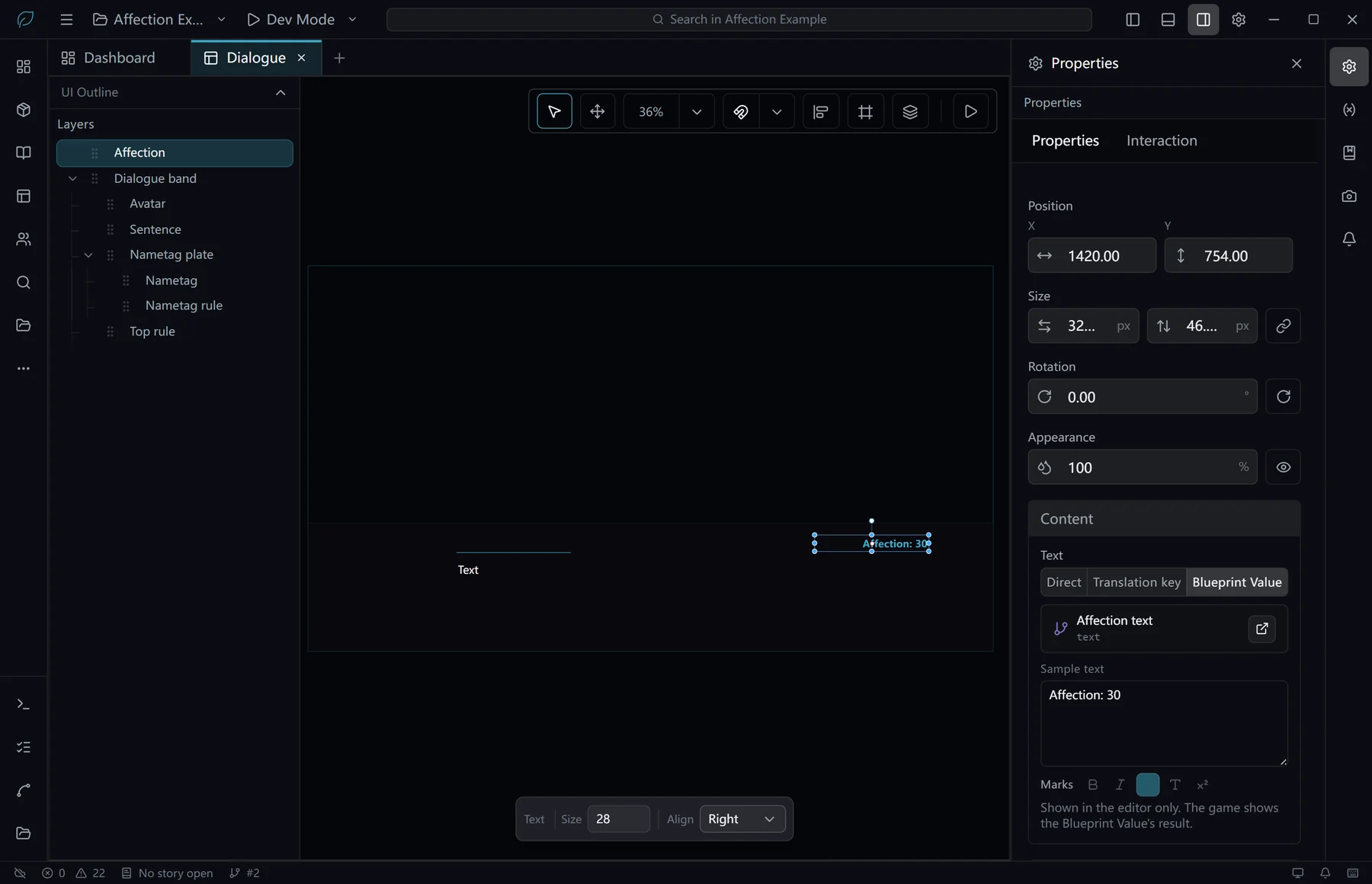 The Game UI Dialogue open in the UI editor; the selected text Affection uses a Blueprint Value in the properties panel, and its sample text is Affection: 30