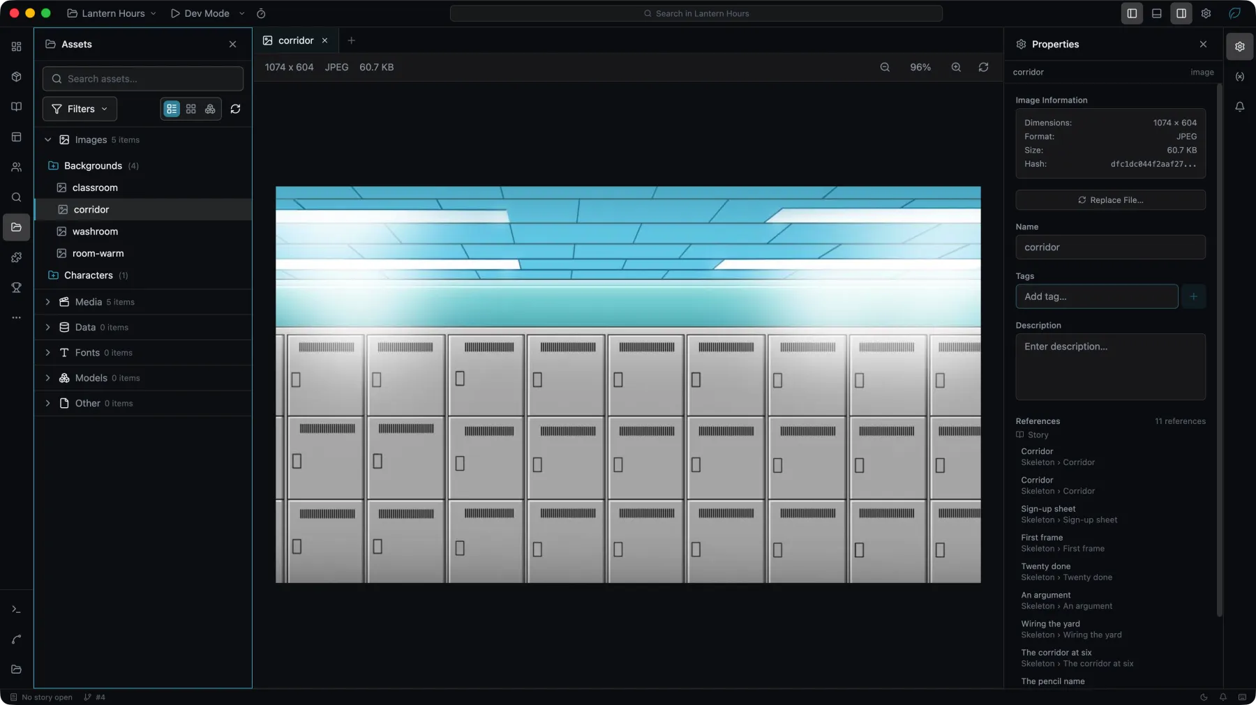 The Assets panel: categories and groups on the left, an image open in the center, its information and references on the right
