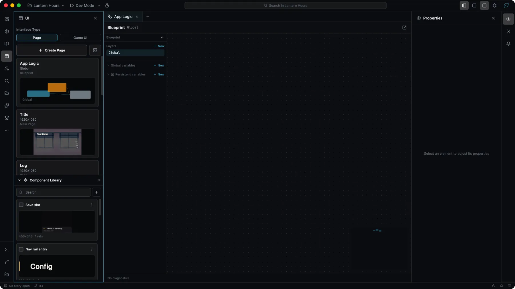 The App logic blueprint open in the editor: two nodes joined by an edge, with the graph's layers and variables listed beside it