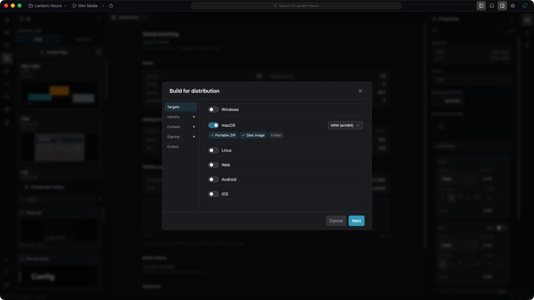 The Build for distribution dialog on its Targets step, with the platforms and their formats
