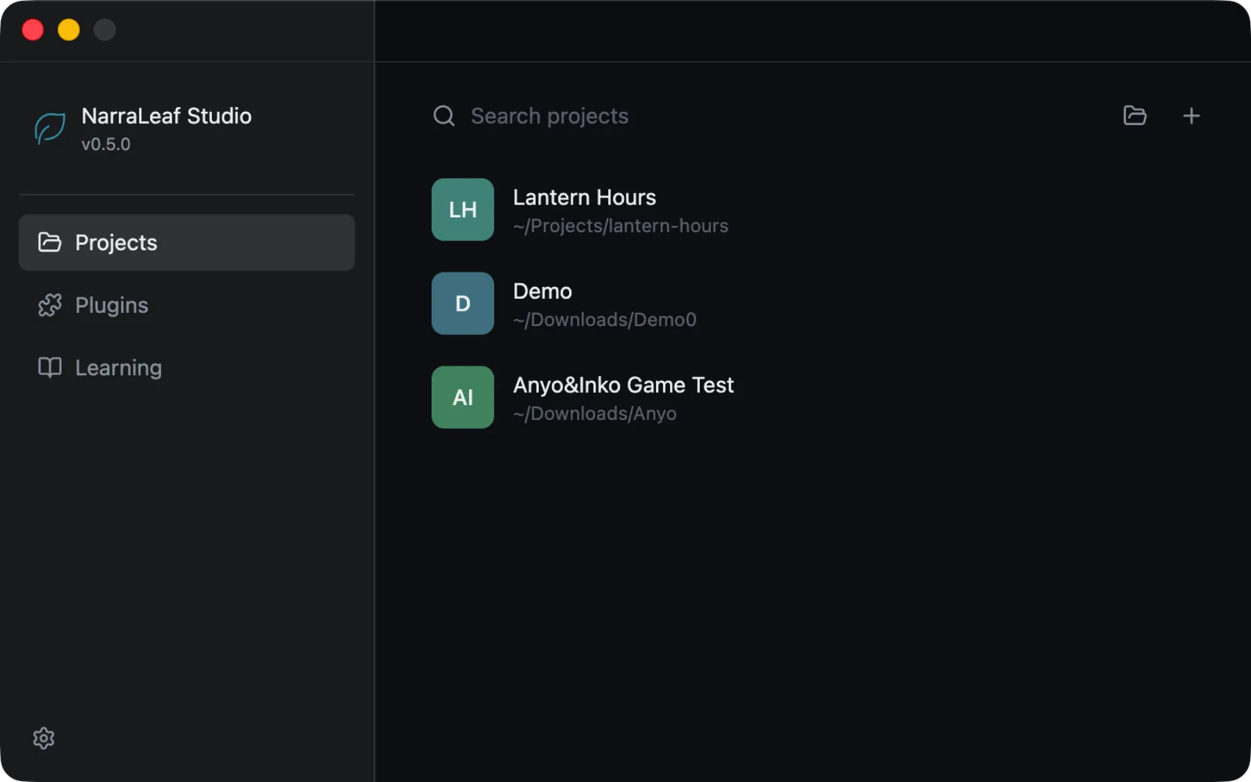 The launcher's Projects page, listing the projects opened recently