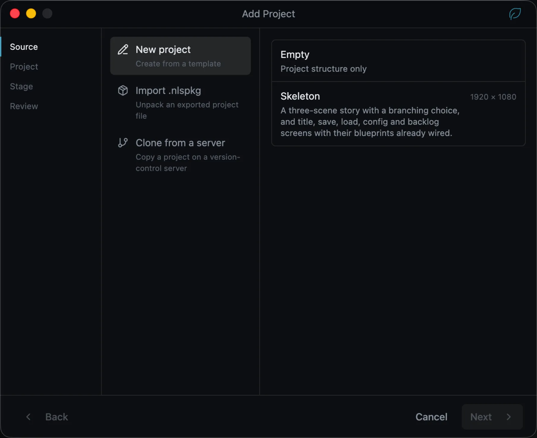 The wizard's Source step: New project, Import .nlspkg, Clone from server, and the templates beside them
