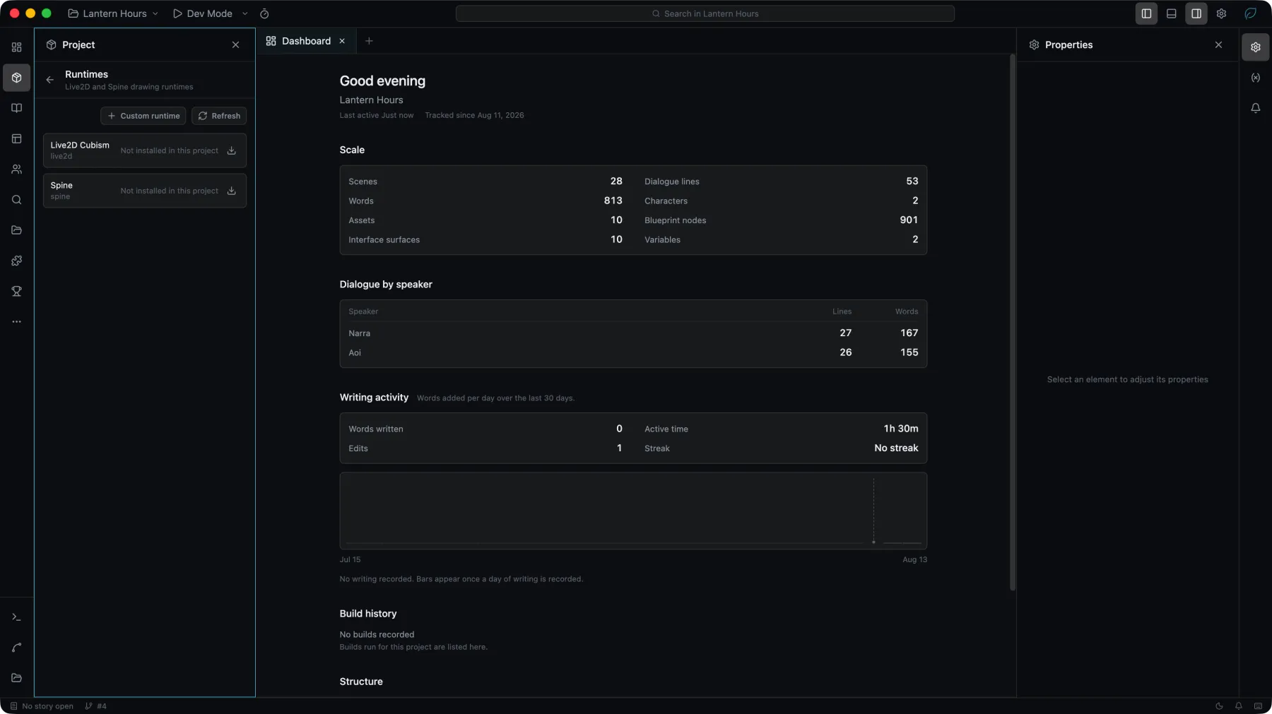 Project → Runtimes listing Live2D Cubism and Spine, both reported as not installed in this project