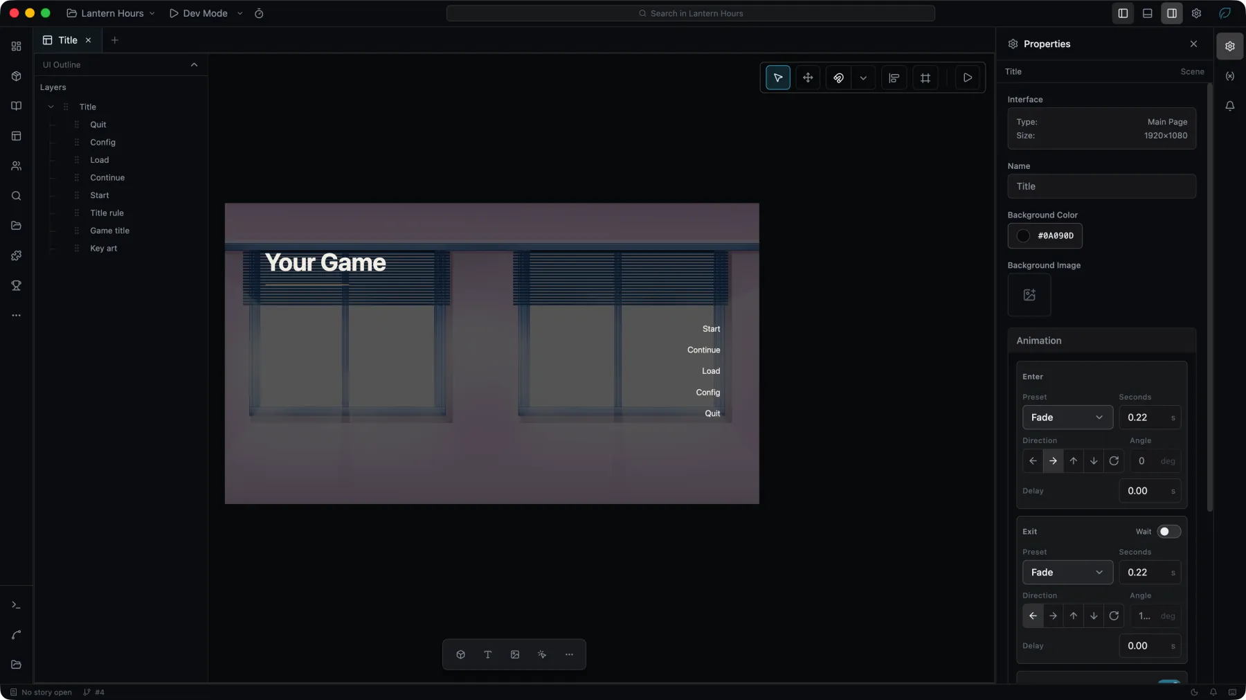 A page open in the UI editor: the UI Outline, the canvas, the insert bar, and Properties