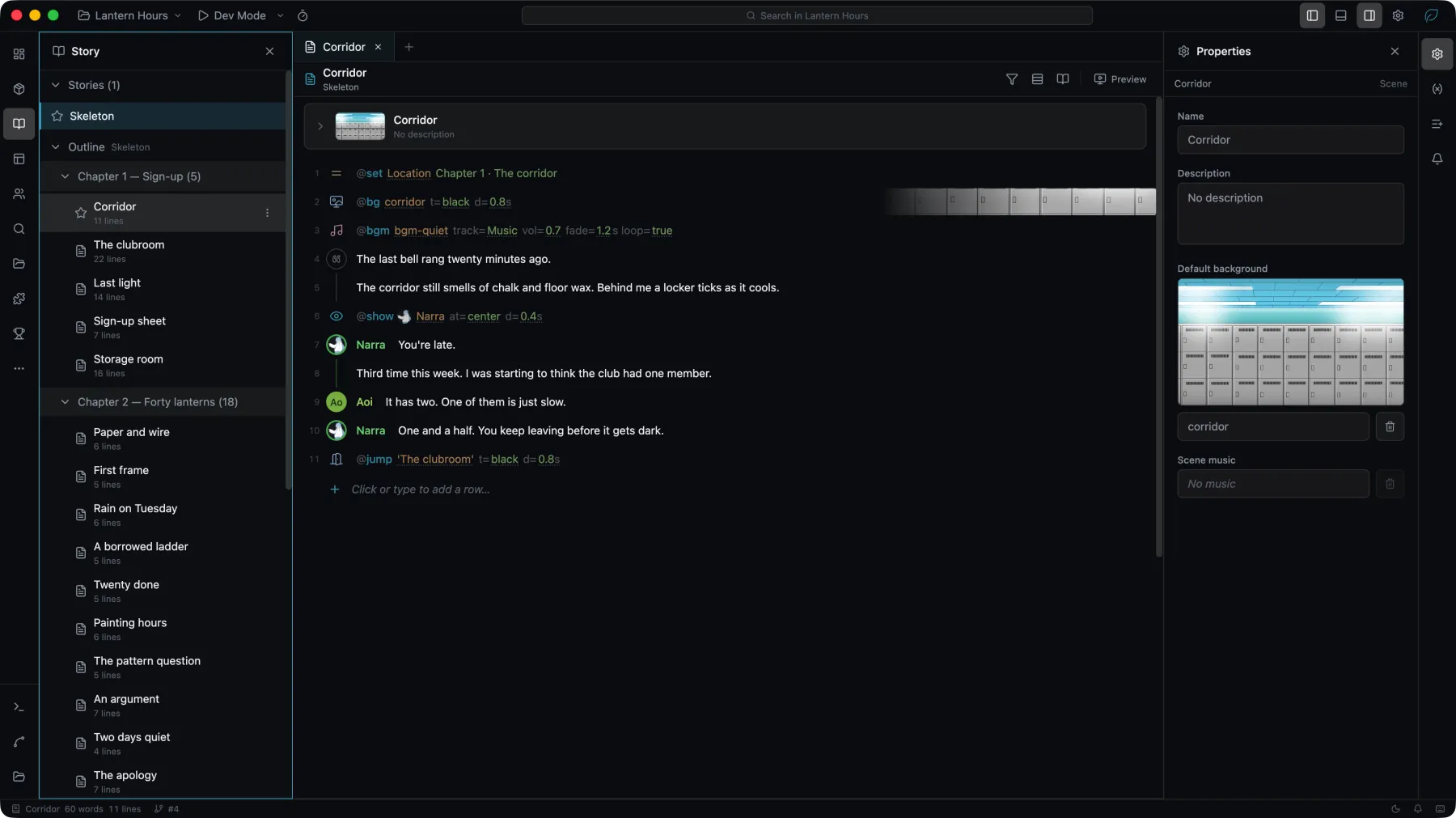 The workspace with the Story panel in the left sidebar, a scene open in the center, and Properties on the right