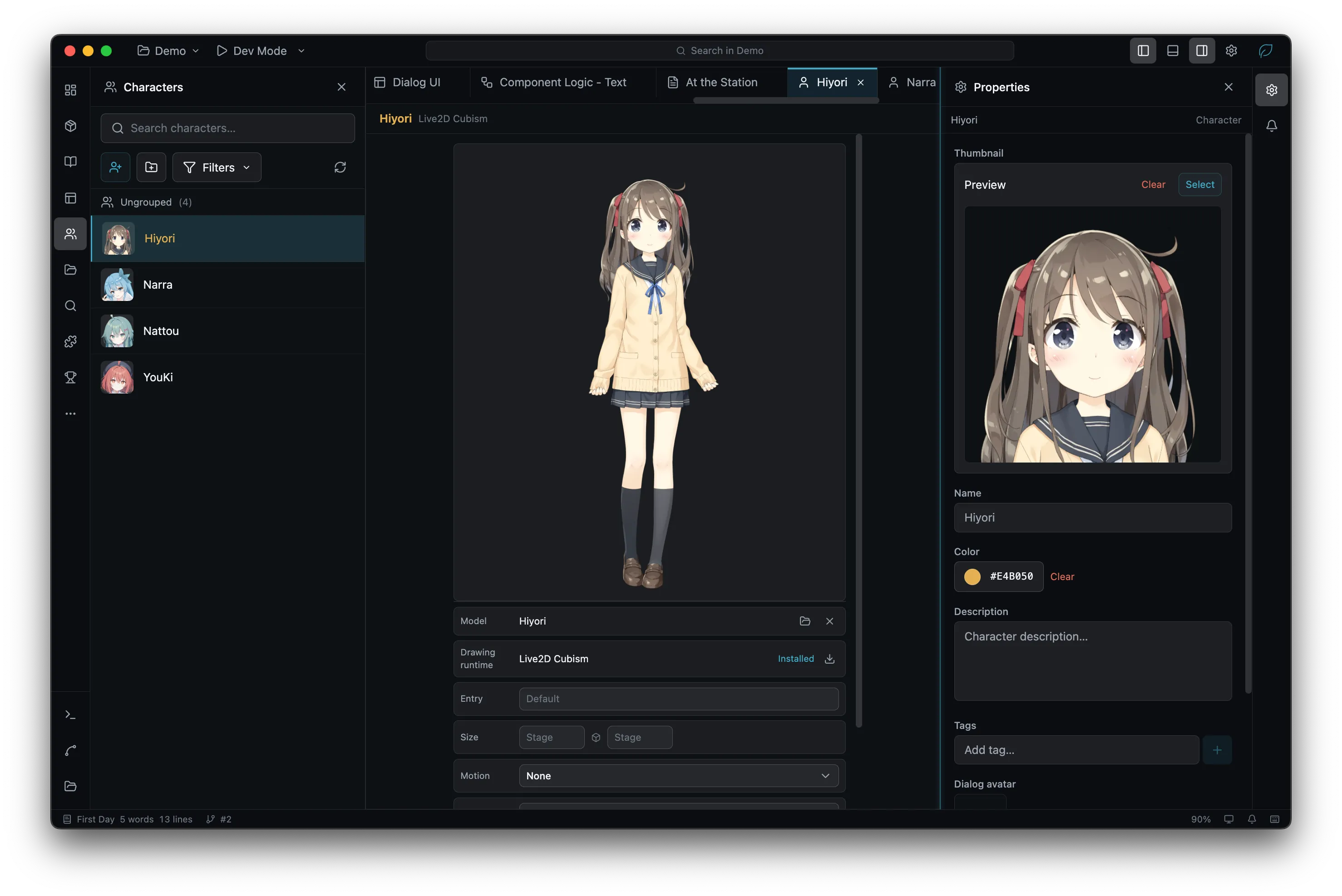 A Live2D character posed on the stage with its runtime installed