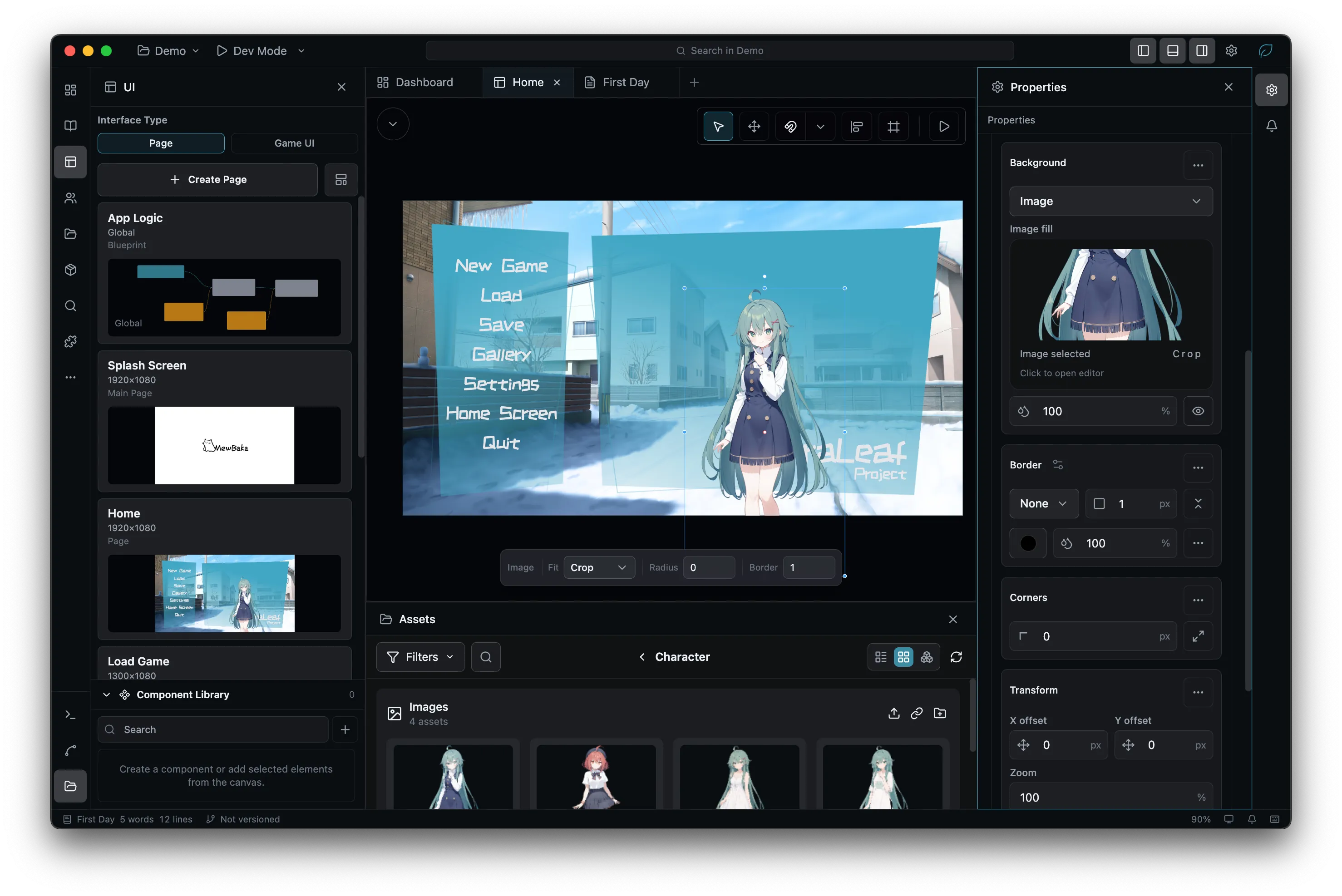 UI editor laying out a game interface from a layer tree